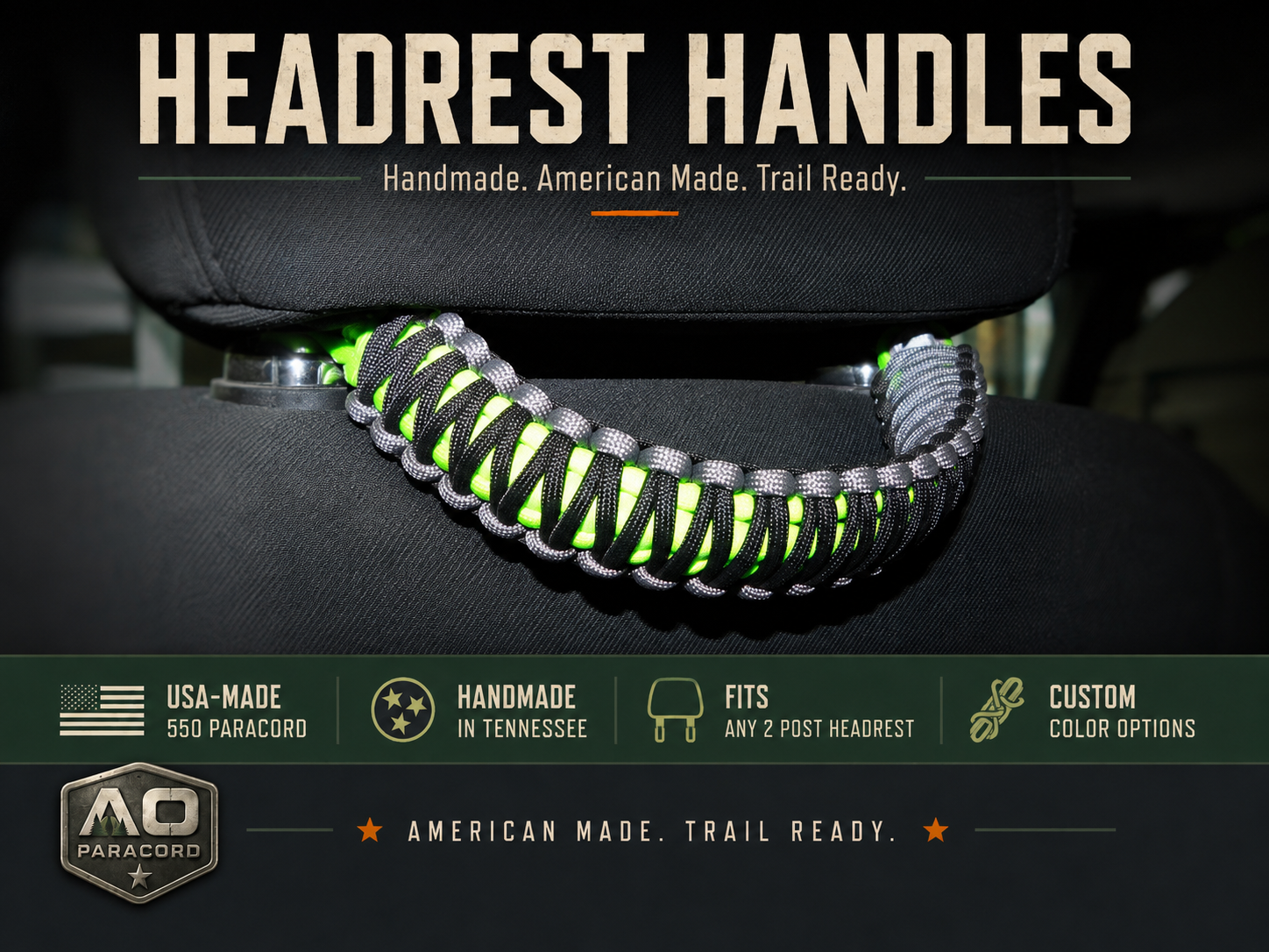 Handmade black, gray, and neon green paracord handle installed on a Jeep Wrangler or vehicle headrest, compatible with any two-post headrest.