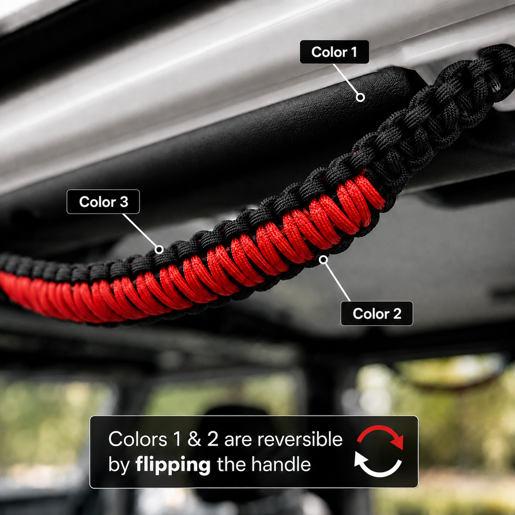 Close-up of a black and red AO Paracord Jeep JLU grab handle showing Color 1, Color 2, and Color 3 placement with a reversible handle diagram.