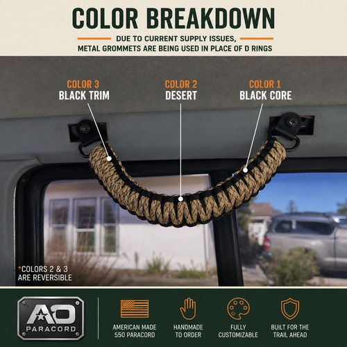 AO Paracord XJ grab handle in desert and black with labeled color positions and metal grommet mounting hardware.