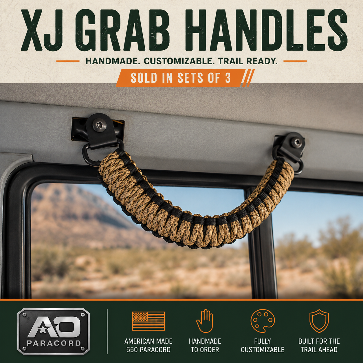 AO Paracord XJ grab handle in desert and black paracord, handmade to order and sold in sets of three.