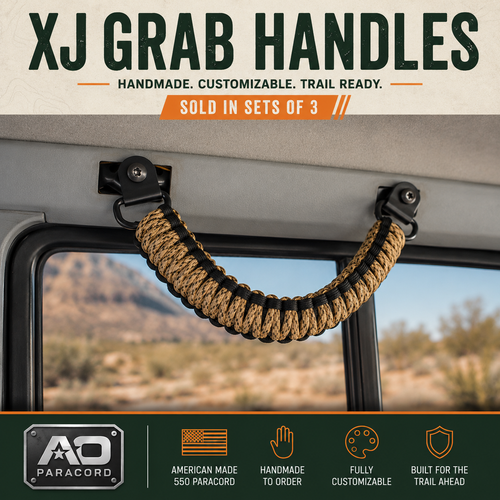 AO Paracord XJ grab handle in desert and black paracord, handmade to order and sold in sets of three.