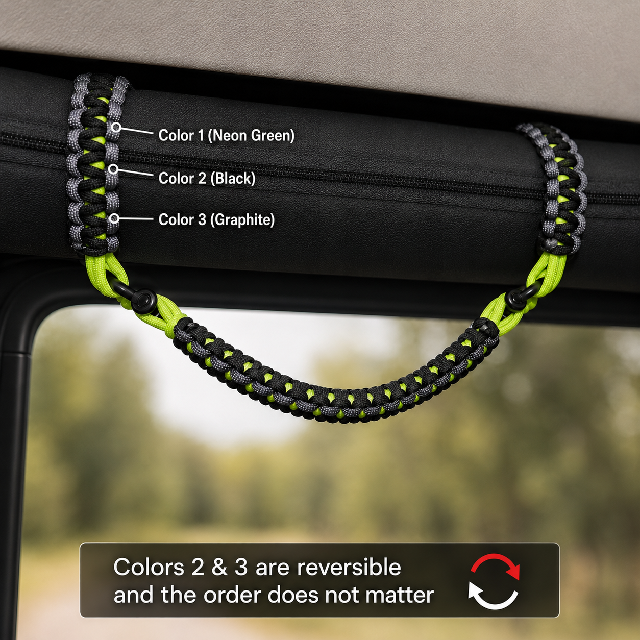 AO Paracord Jeep grab handle showing Neon Green, Black, and Graphite color positions with reversible Color 2 and Color 3 weave options.