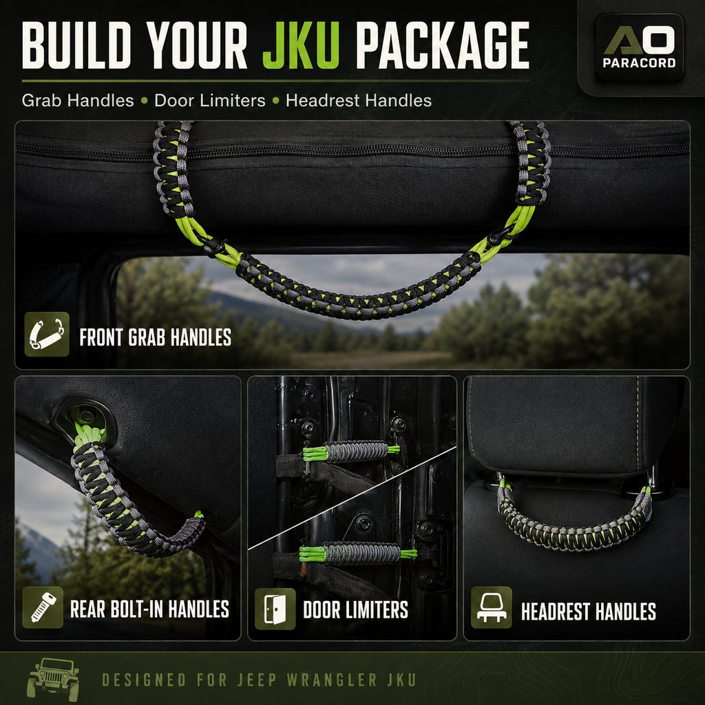 Custom paracord accessories for the 2007–2018 Jeep Wrangler JKU, including front and rear grab handles, door limiters, and headrest handles.