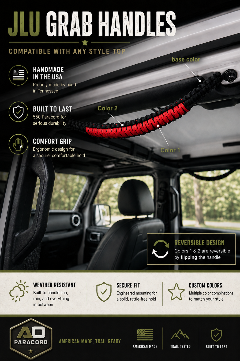 Black and red AO Paracord grab handle installed in a Jeep Wrangler JLU, showing custom color placement, reversible design, and product features.