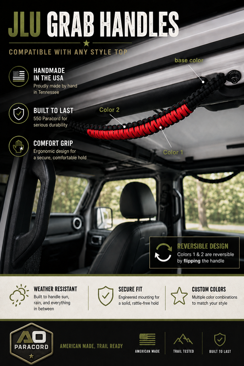 Black and red AO Paracord grab handle installed in a Jeep Wrangler JLU, showing custom color placement, reversible design, and product features.