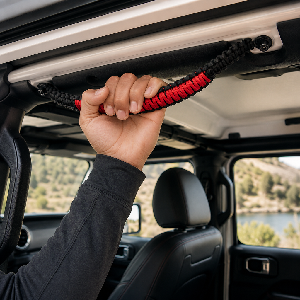 Custom AO Paracord grab handles inside a trail-ready Jeep Wrangler JLU