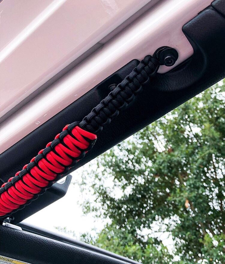 Reversible Color 1 and Color 2 design on a custom JLU paracord grab handle
